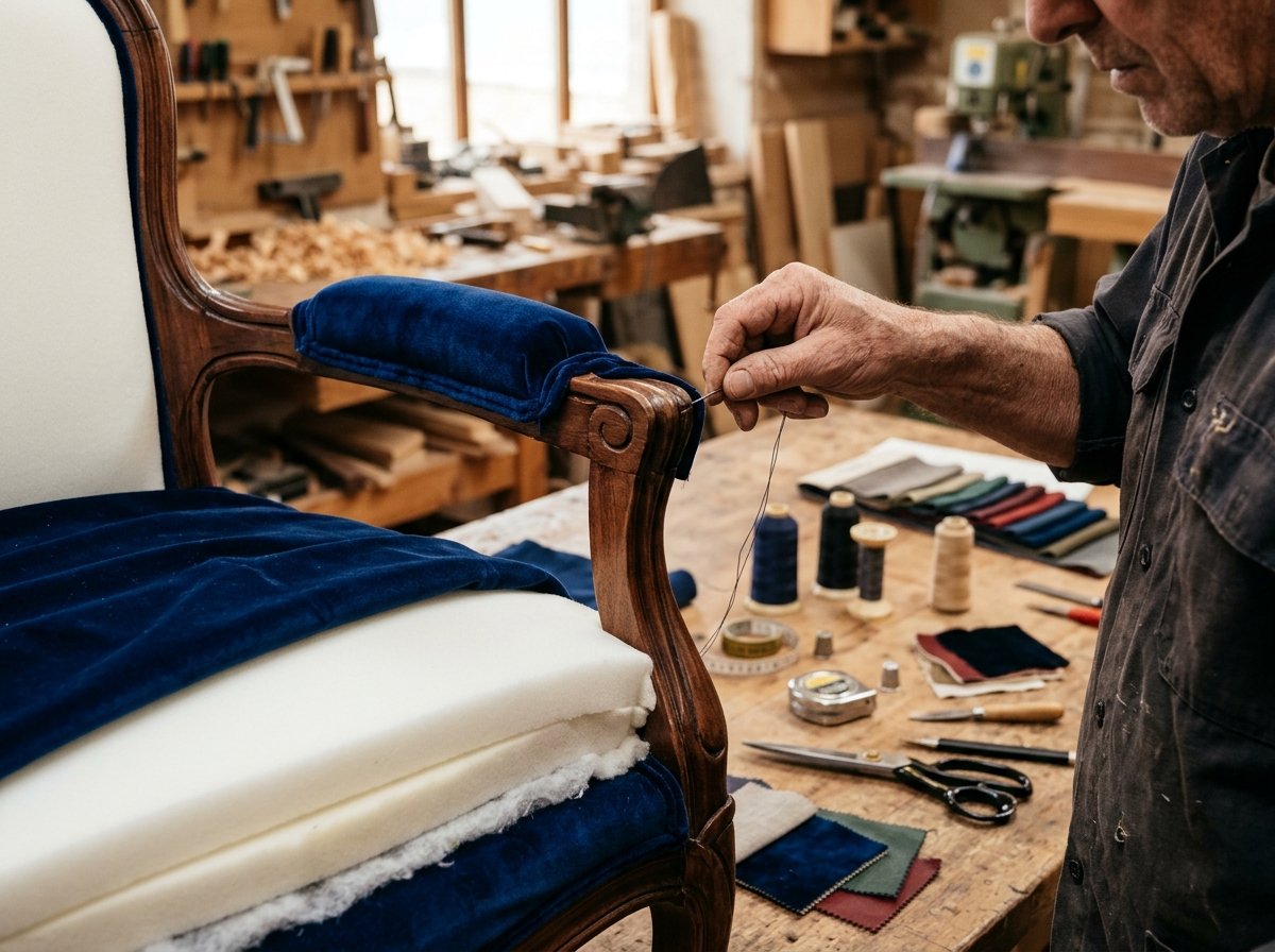 Master sofa craftsman tailoring luxury upholstery at Vinay Sofa workshop